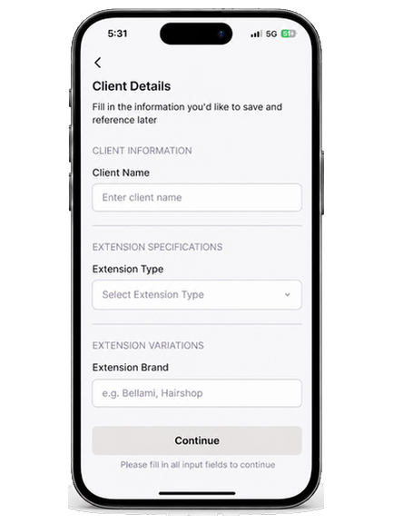 Client Details screen for recording extension brand and type in Unity Hair