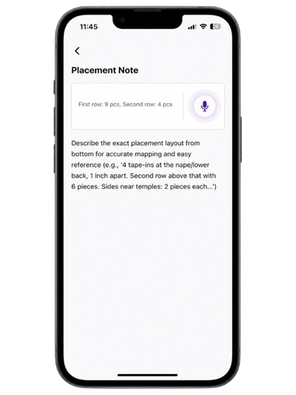 Placement Note screen with AI voice recording in Unity Hair